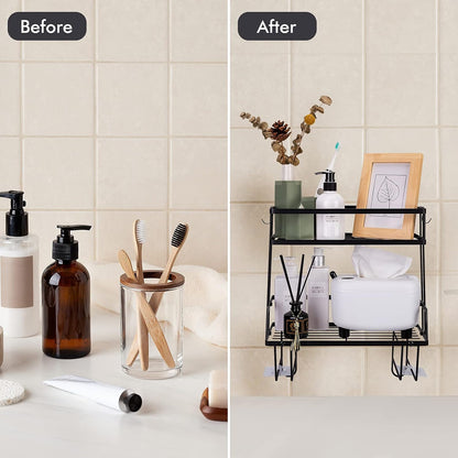Bathroom over Toilet Storage Shelf, Bathroom Storage, 2 Tier Bathroom Organizer with 4 Hanging Hooks, No Drilling Multipurpose for Bathroom Kitchen (Black)