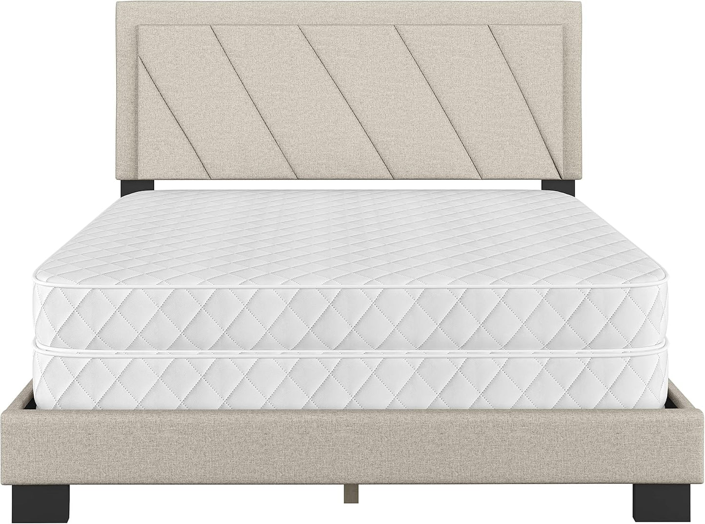 Diagonal King Size, White Linen Upholstered Platform Bed with Adjustable Headboard - Qualified Box Spring or Foundation Required for Use