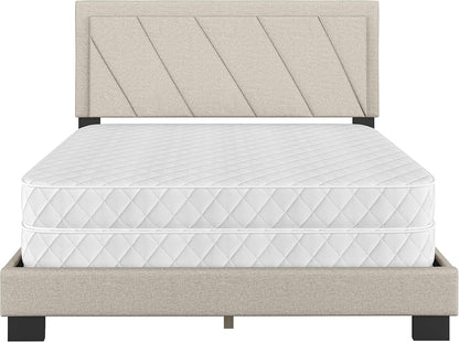 Diagonal King Size, White Linen Upholstered Platform Bed with Adjustable Headboard - Qualified Box Spring or Foundation Required for Use