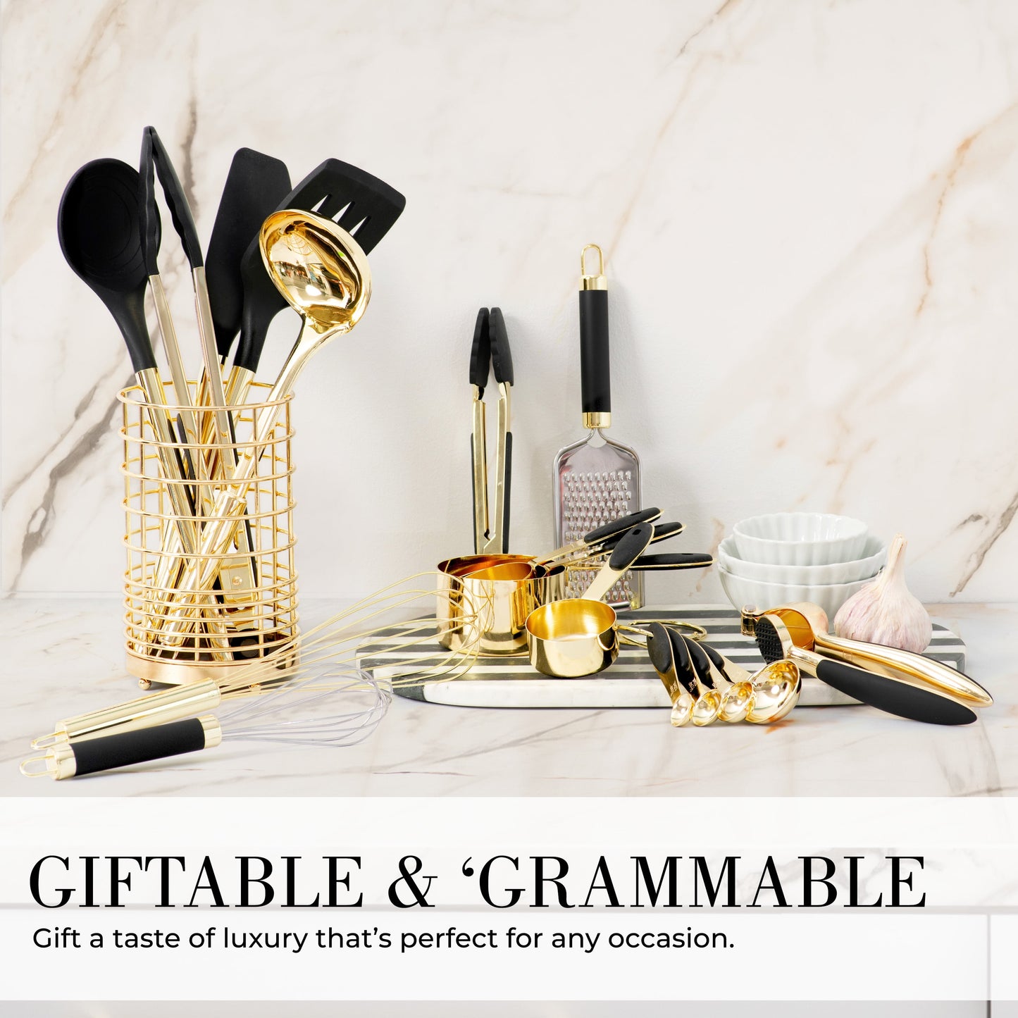 Black and Gold Kitchen Utensils Set - 23 Piece Luxe Black and Gold Kitchen Accessories Include Gold Measuring Cups and Spoons, Silicone Cooking Utensils, and Gold Kitchen Tools