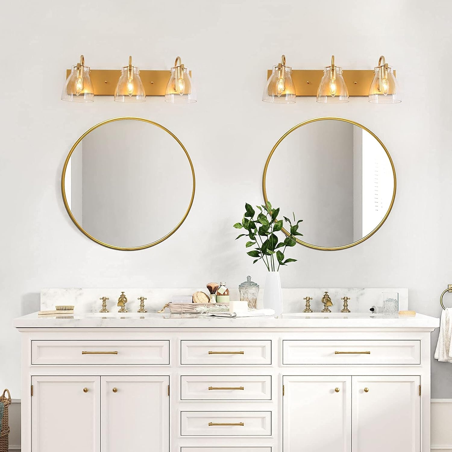 Gold Bathroom Light Fixtures, 3-Light Gold Vanity Lights for Bathroom, Brass Bathroom Vanity Light with Clear Glass Shades, 22 Inches