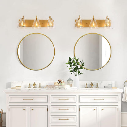 Gold Bathroom Light Fixtures, 3-Light Gold Vanity Lights for Bathroom, Brass Bathroom Vanity Light with Clear Glass Shades, 22 Inches