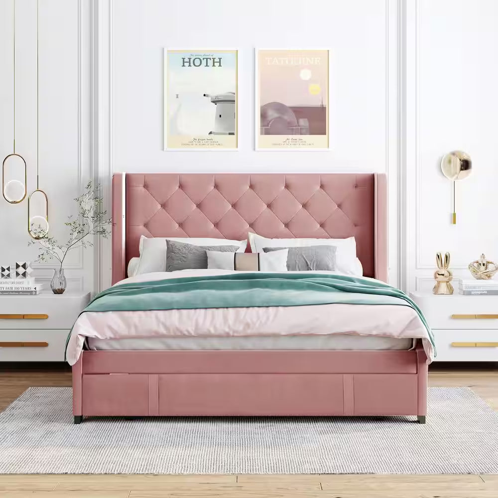 Pink Wood Frame Queen Storage Bed Velvet Upholstered Platform Bed with Wingback Headboard and Drawer