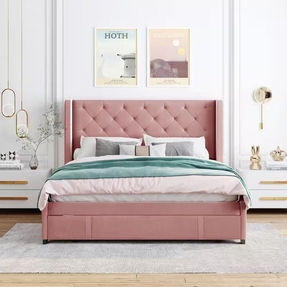Pink Wood Frame Queen Storage Bed Velvet Upholstered Platform Bed with Wingback Headboard and Drawer
