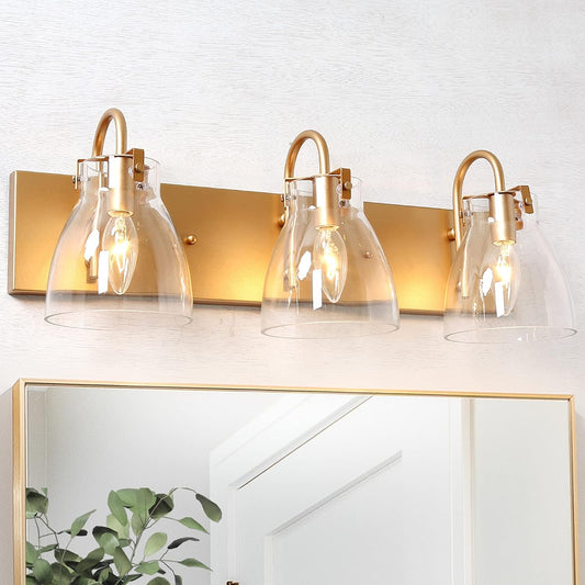 Gold Bathroom Light Fixtures, 3-Light Gold Vanity Lights for Bathroom, Brass Bathroom Vanity Light with Clear Glass Shades, 22 Inches