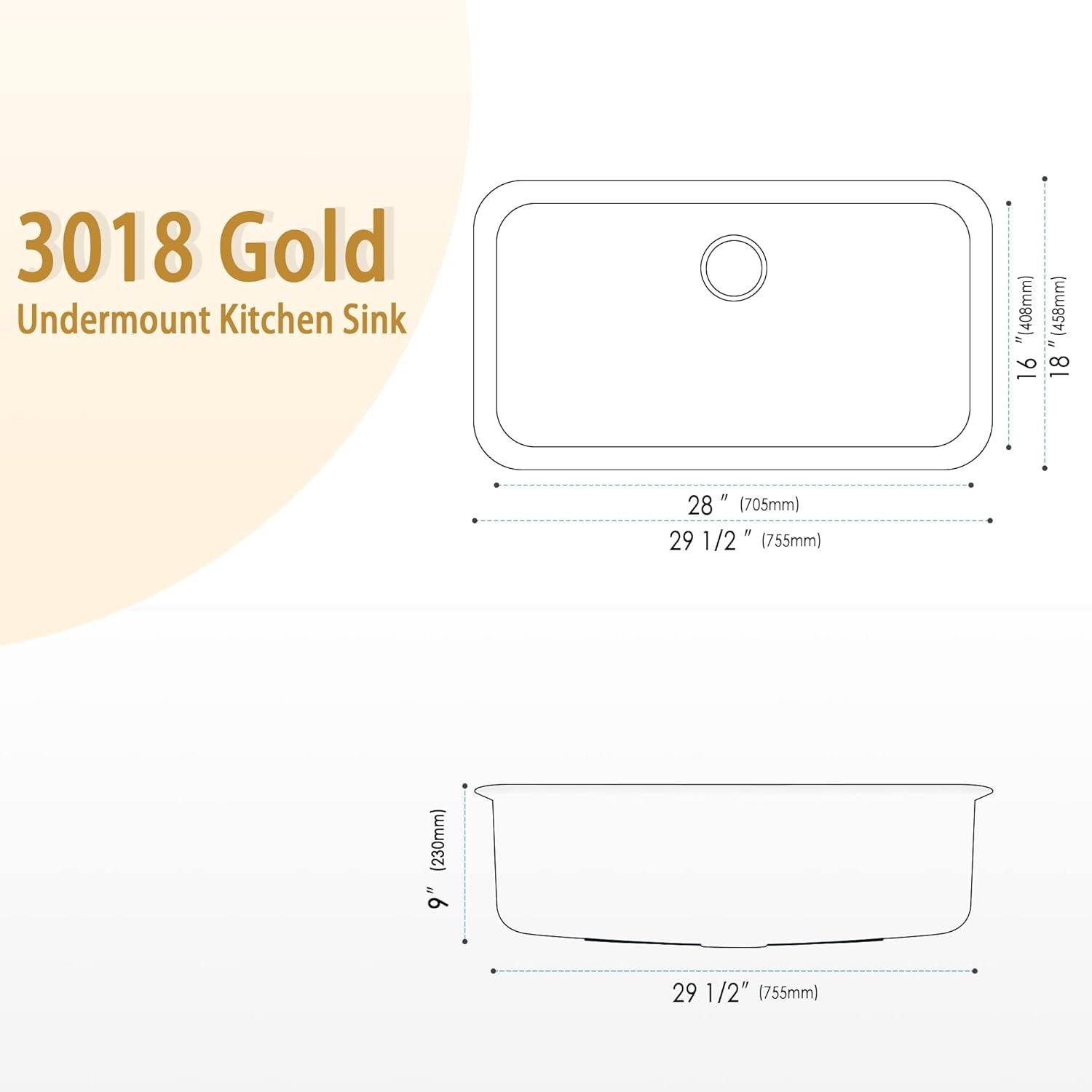 Gold Kitchen Sink, 30" X 18” X 9" Single Bowl Kitchen Sinks, 30 Inch Large and Deep Undermount Style Sink,30"X18" Stainless Steel Material with Sink Grid and Sink Drain Assembly