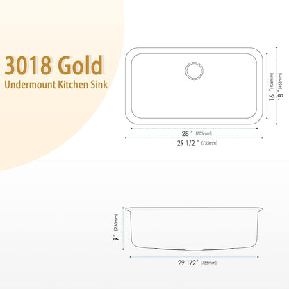 Gold Kitchen Sink, 30" X 18” X 9" Single Bowl Kitchen Sinks, 30 Inch Large and Deep Undermount Style Sink,30"X18" Stainless Steel Material with Sink Grid and Sink Drain Assembly