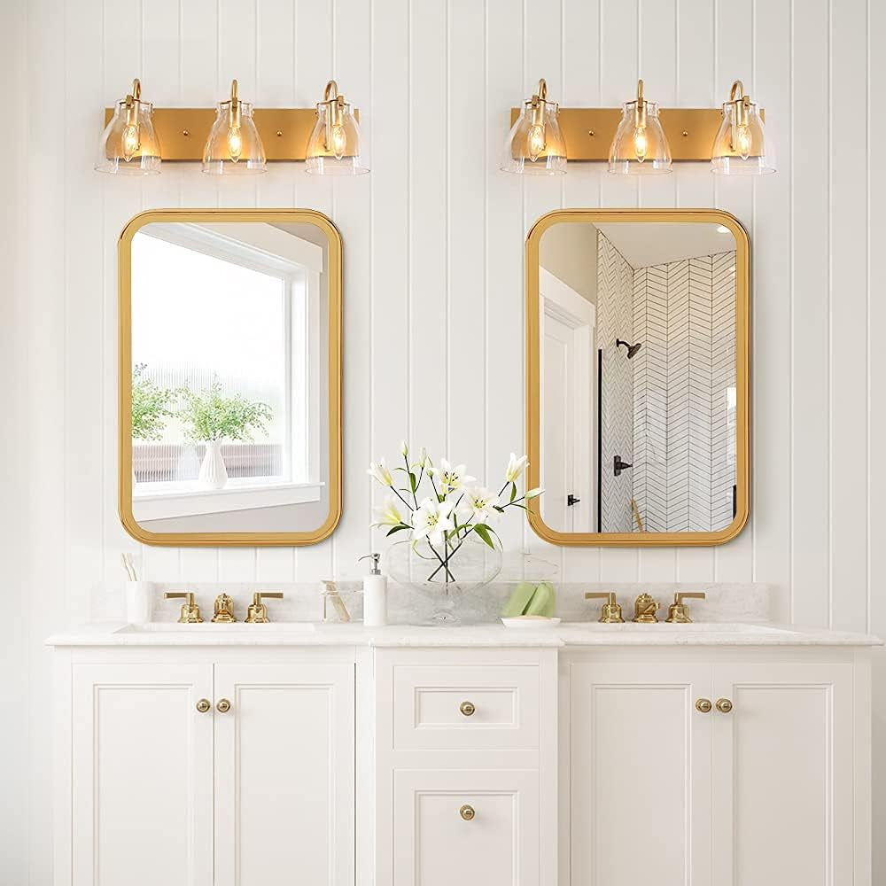 Gold Bathroom Light Fixtures, 3-Light Gold Vanity Lights for Bathroom, Brass Bathroom Vanity Light with Clear Glass Shades, 22 Inches