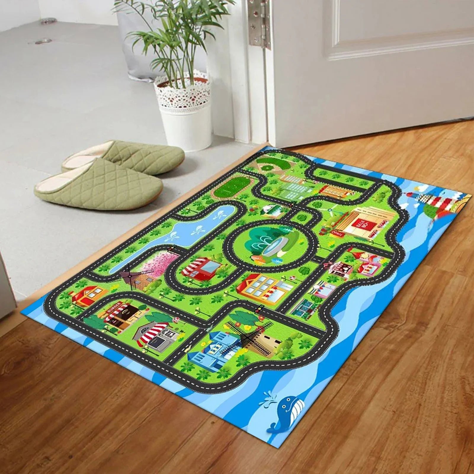 Kids Carpet Playmat Rug, Car Mat for Kids Toy Cars,Non Slip Kids Rug for Playroom Bedroom Boys,Kids Car Rug Play Mat,Road Train Track Rug,Car Carpet for Kids