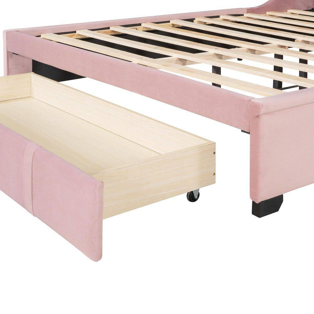 Pink Wood Frame Queen Storage Bed Velvet Upholstered Platform Bed with Wingback Headboard and Drawer