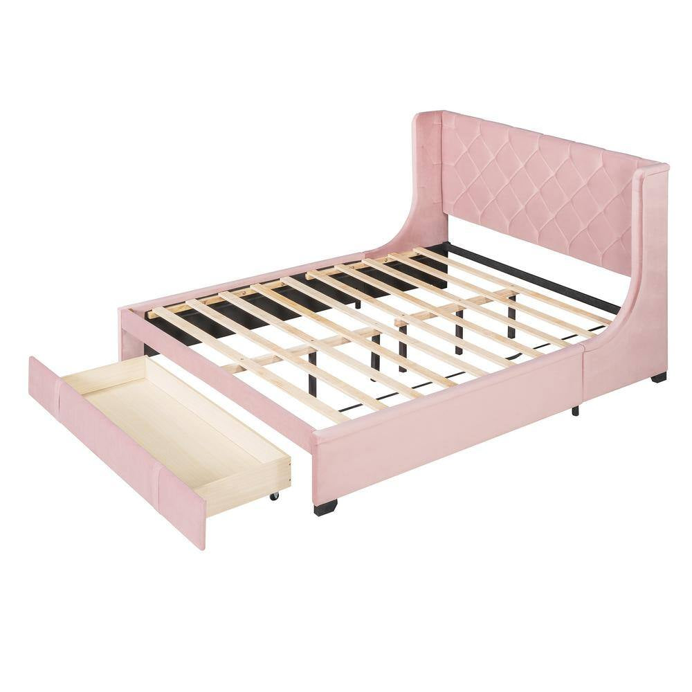 Pink Wood Frame Queen Storage Bed Velvet Upholstered Platform Bed with Wingback Headboard and Drawer