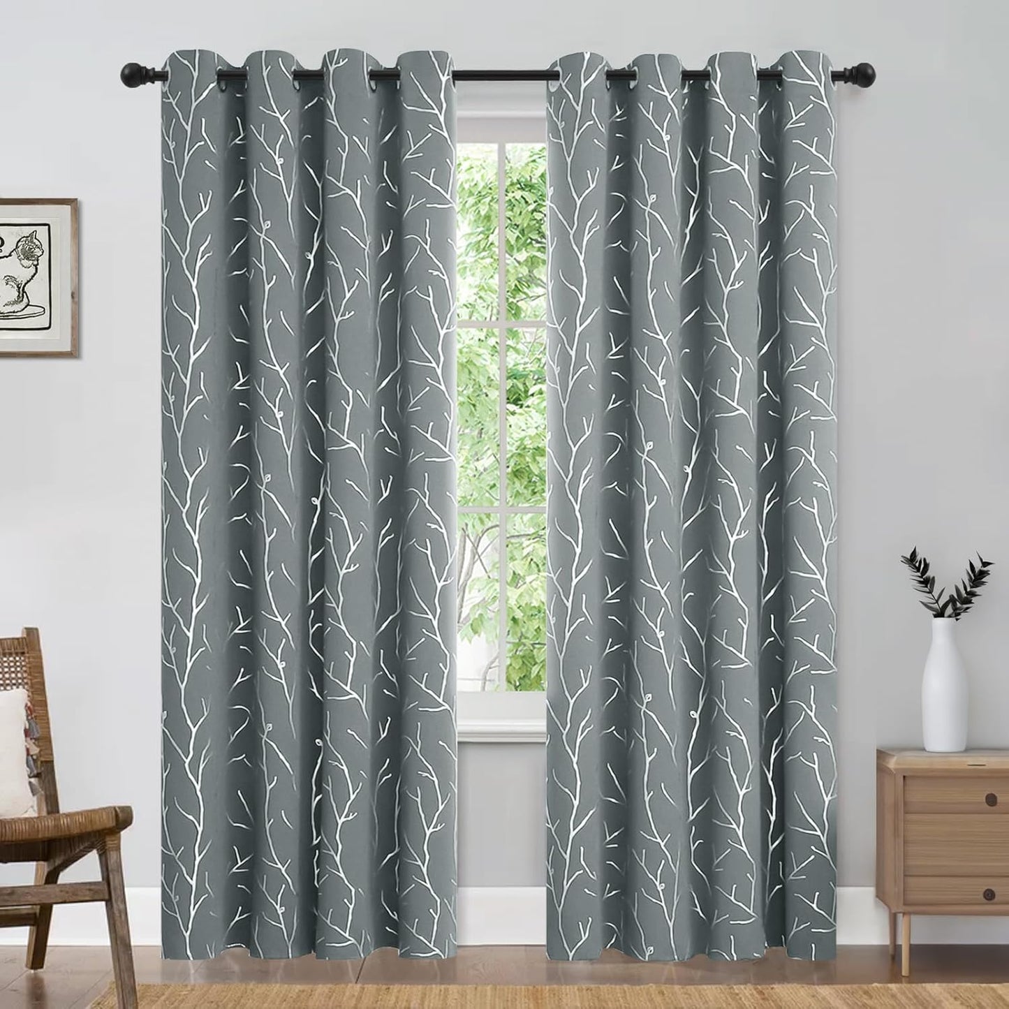 Blackout Curtains 84 Inch Length 2 Panels Set, Grey Curtains for Bedroom, Foil Tree Branches Print Geometric Grommet Top Drapes Energy - Saving Curtain, Light Grey, 52W X 84L