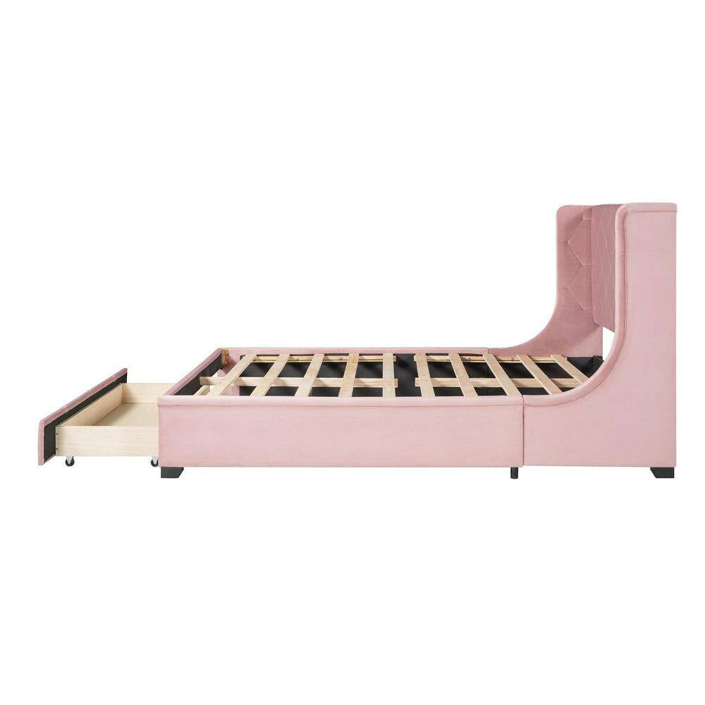 Pink Wood Frame Queen Storage Bed Velvet Upholstered Platform Bed with Wingback Headboard and Drawer