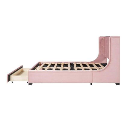 Pink Wood Frame Queen Storage Bed Velvet Upholstered Platform Bed with Wingback Headboard and Drawer