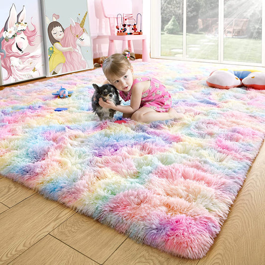 4X6 Fluffy Rainbow Rugs for Bedroom Girls,Shag Pink Kids Room Rug,Shaggy Area Rugs for Living Room,Soft Fuzzy Colorful Playroom Nursery Dorm Carpets Room Decor