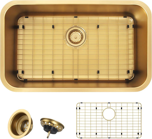 Gold Kitchen Sink, 30" X 18” X 9" Single Bowl Kitchen Sinks, 30 Inch Large and Deep Undermount Style Sink,30"X18" Stainless Steel Material with Sink Grid and Sink Drain Assembly