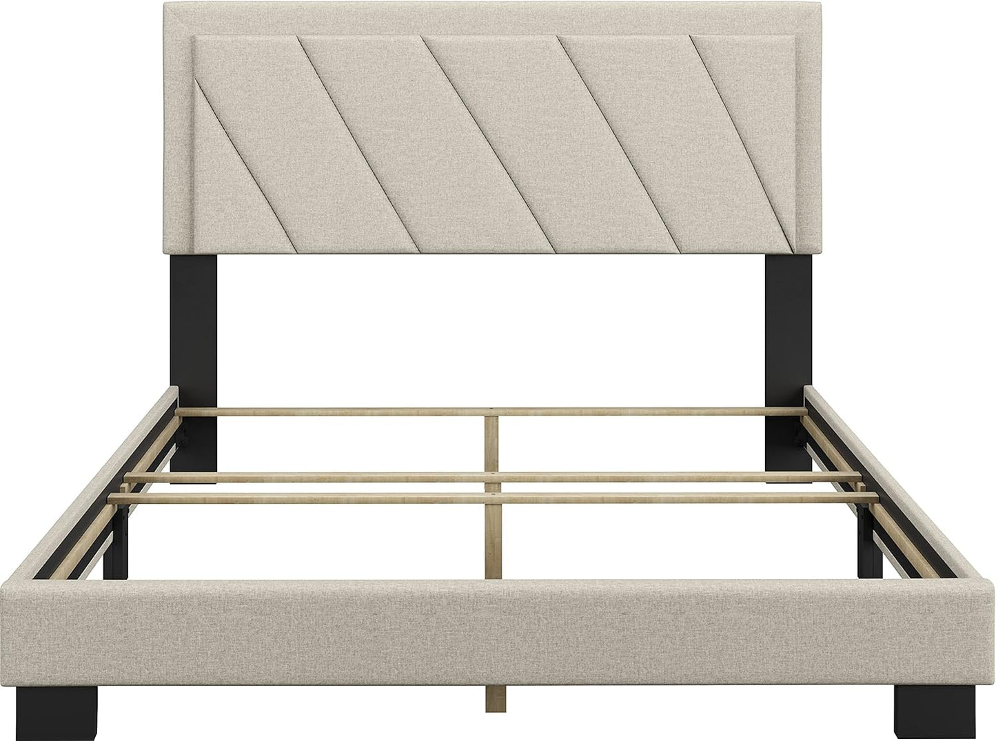 Diagonal King Size, White Linen Upholstered Platform Bed with Adjustable Headboard - Qualified Box Spring or Foundation Required for Use