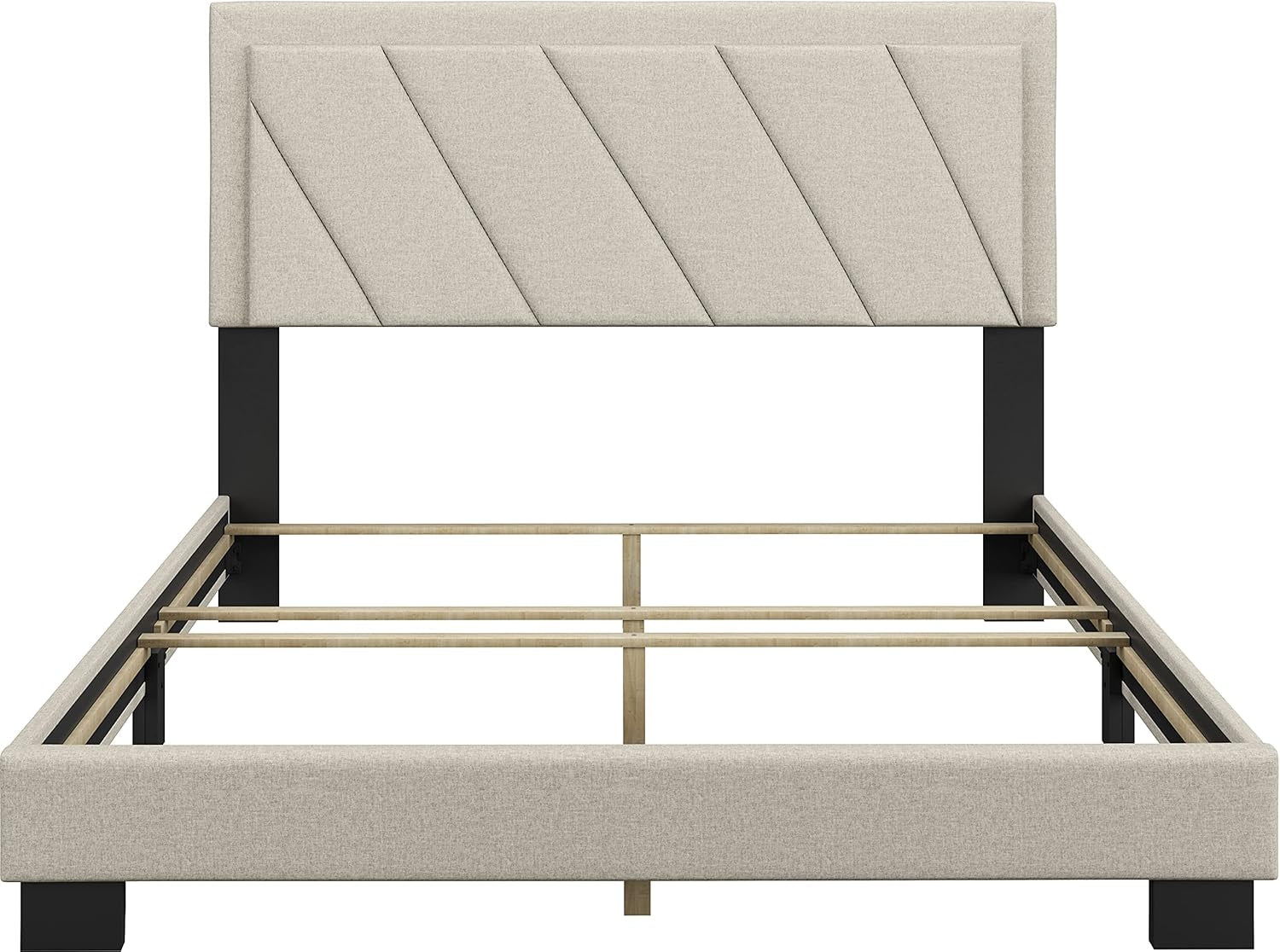 Diagonal King Size, White Linen Upholstered Platform Bed with Adjustable Headboard - Qualified Box Spring or Foundation Required for Use