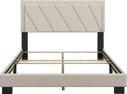 Diagonal King Size, White Linen Upholstered Platform Bed with Adjustable Headboard - Qualified Box Spring or Foundation Required for Use