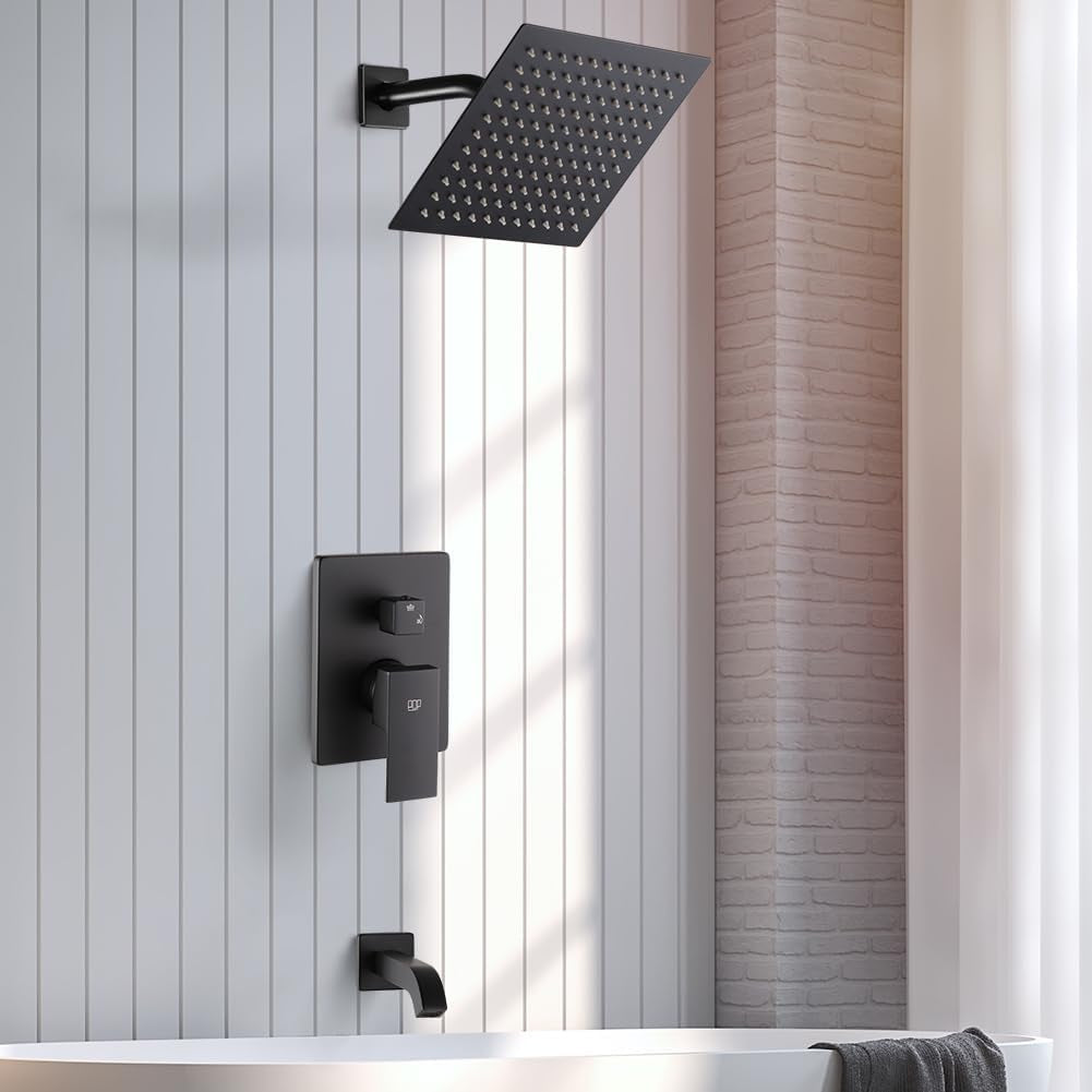 Black Tub and Shower Faucet Set Bathroom Luxury Rain Mixer 8 Inch Shower Head System with Tub Spout Single Handle Tub and Shower Trim Kit with Valve