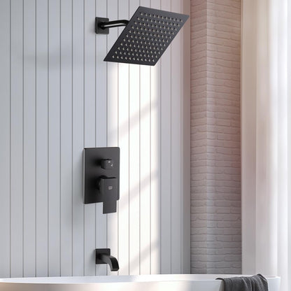 Black Tub and Shower Faucet Set Bathroom Luxury Rain Mixer 8 Inch Shower Head System with Tub Spout Single Handle Tub and Shower Trim Kit with Valve