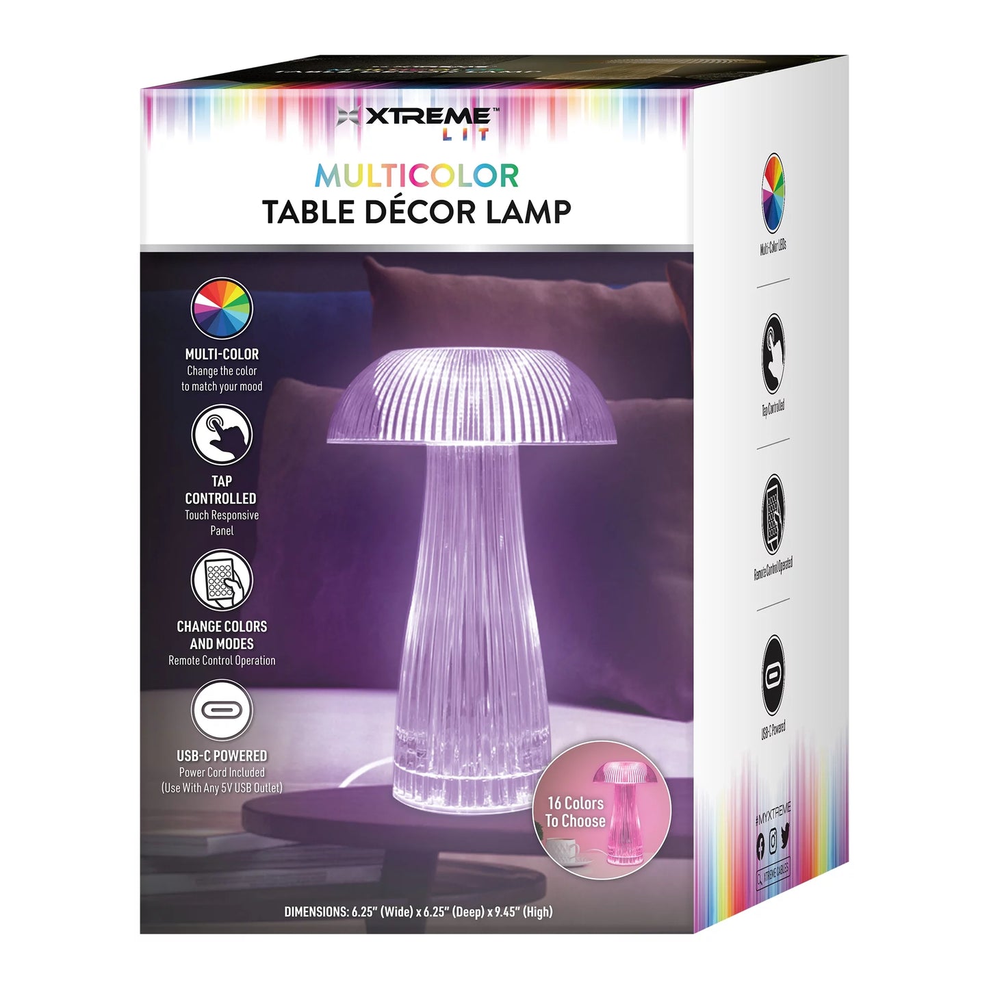 Lit Neon Multi-Color Mushroom LED Tabletop Touch Lamp, with Remote, Crystal Finish