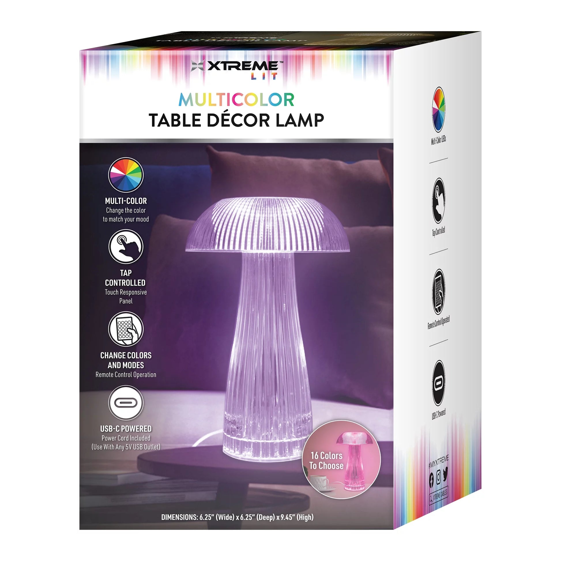 Lit Neon Multi-Color Mushroom LED Tabletop Touch Lamp, with Remote, Crystal Finish