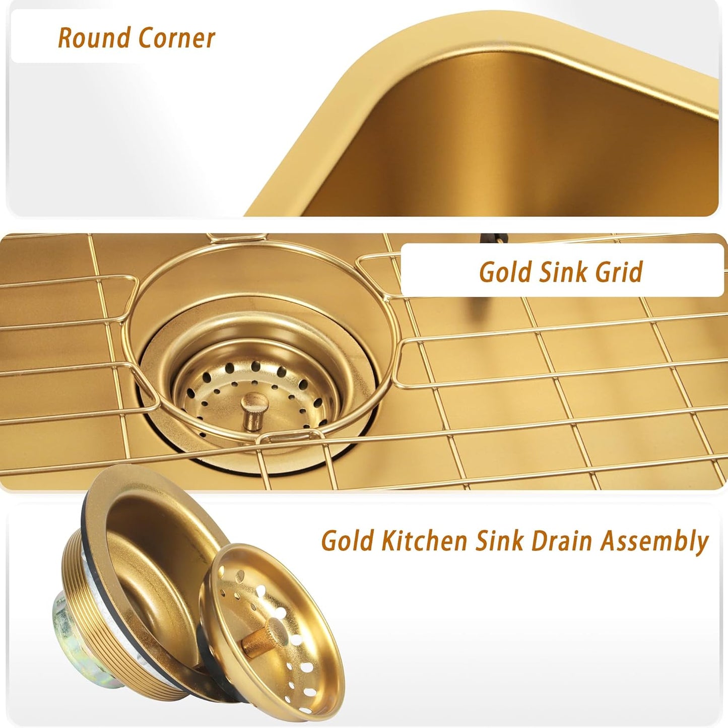 Gold Kitchen Sink, 30" X 18” X 9" Single Bowl Kitchen Sinks, 30 Inch Large and Deep Undermount Style Sink,30"X18" Stainless Steel Material with Sink Grid and Sink Drain Assembly