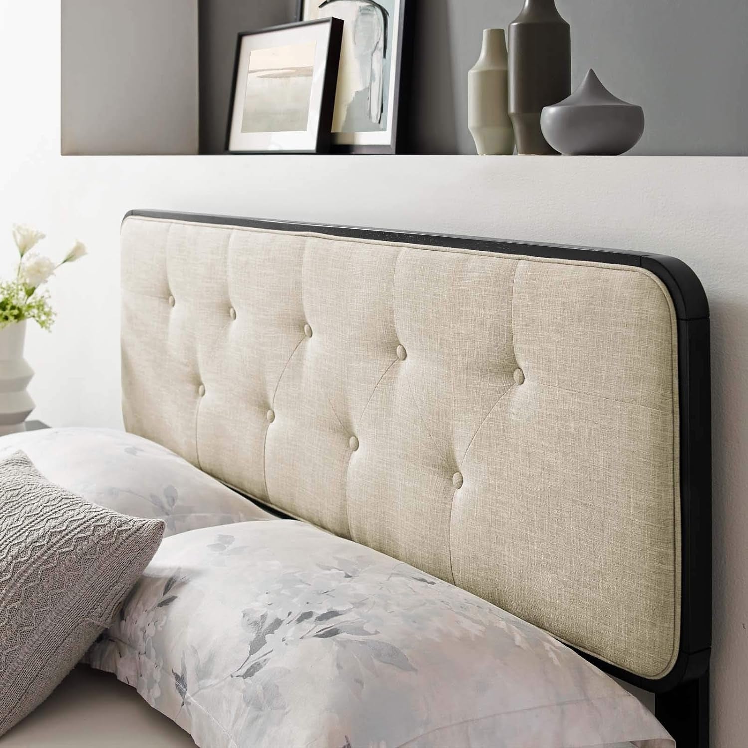 MOD-6233-BLK-BEI Collins Tufted Full Fabric and Wood Headboard, Black Beige