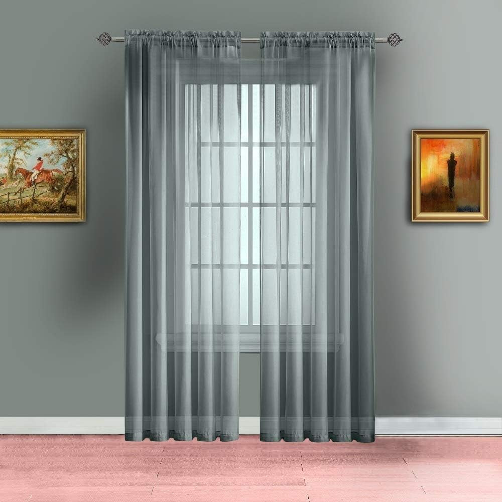 Pair of Extra Long Length Charcoal Olive Sheer Window Curtains. Each Voile Drape Is 56 X 108 Inches. AM Charcoal Olive 108"