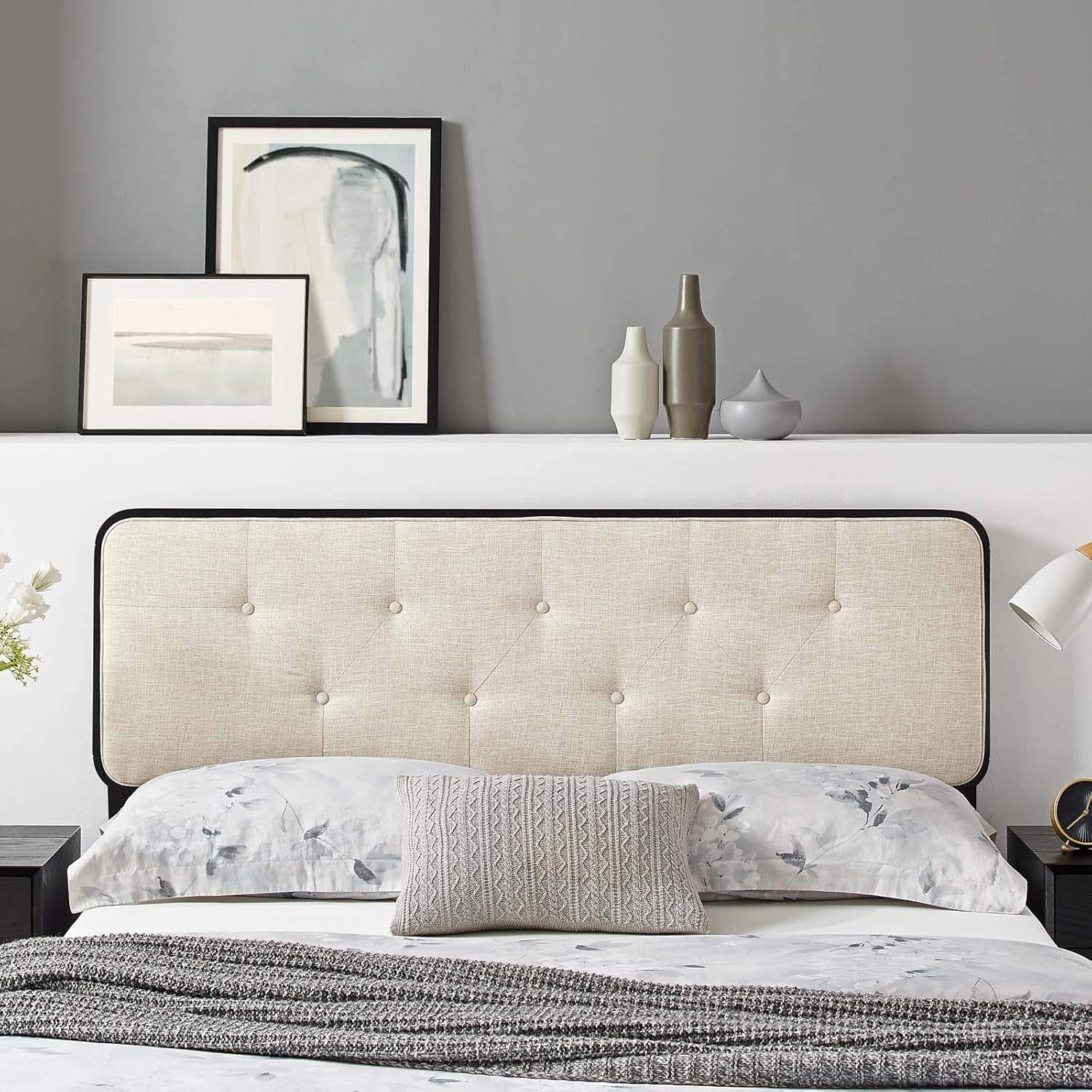 MOD-6233-BLK-BEI Collins Tufted Full Fabric and Wood Headboard, Black Beige
