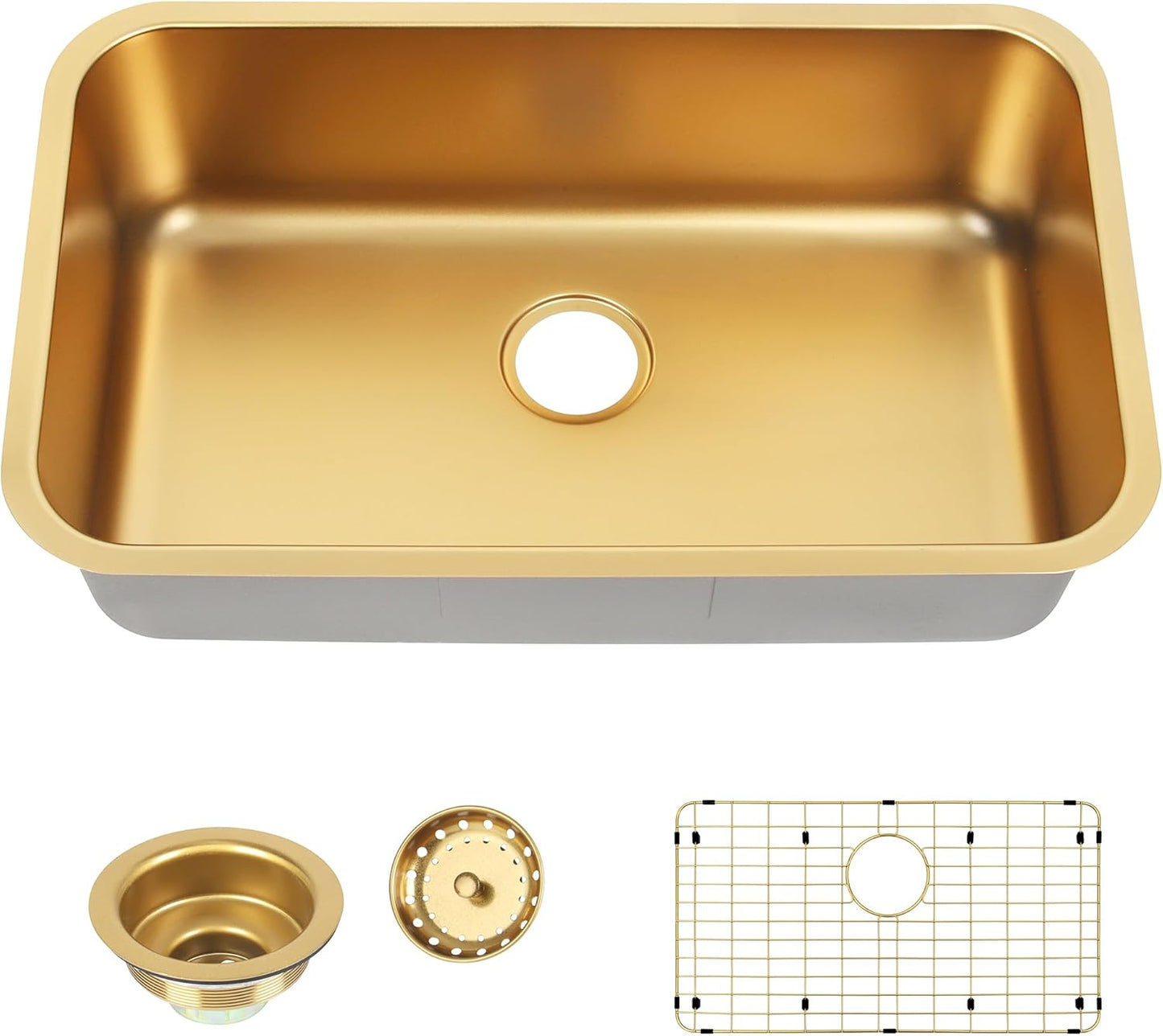 Gold Kitchen Sink, 30" X 18” X 9" Single Bowl Kitchen Sinks, 30 Inch Large and Deep Undermount Style Sink,30"X18" Stainless Steel Material with Sink Grid and Sink Drain Assembly