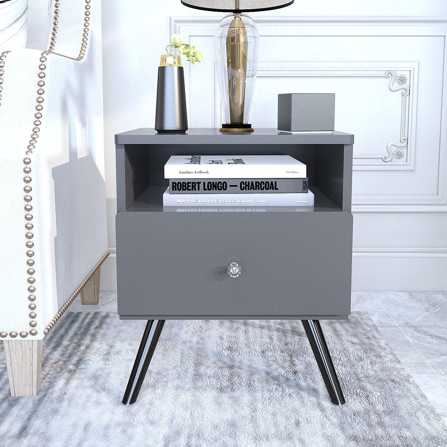 Nightstand Set of 2,Side Table, Bedside Table with Open Compartment, Storage Drawer with 2 Crystal Handles for Bedroom,Home,Dark Grey