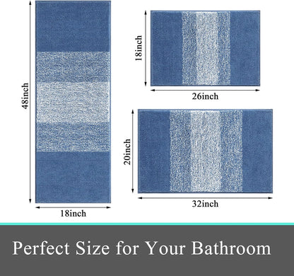 3 Piece Bathroom Mats Set, Non Slip Shaggy Microfiber Bath Shower Rugs Set, Plush Absorbent Washable Striped Bath Rugs Runner for Bathroom, Tub and Shower (18''X26''+20''X32''+18''X48'', Blue)