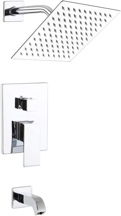 Shower Faucet with Tub Spout Chrome Bathroom Rain Mixer Shower System Wall Mounted Rainfall Shower Head and Handle Set, Tub and Shower Trim Kit with Rough-In Valve
