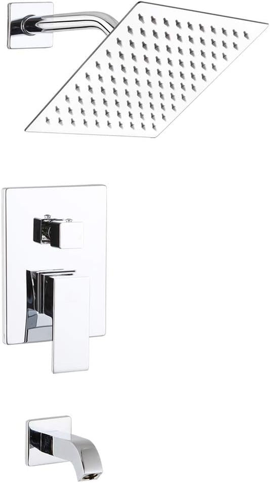 Shower Faucet with Tub Spout Chrome Bathroom Rain Mixer Shower System Wall Mounted Rainfall Shower Head and Handle Set, Tub and Shower Trim Kit with Rough-In Valve