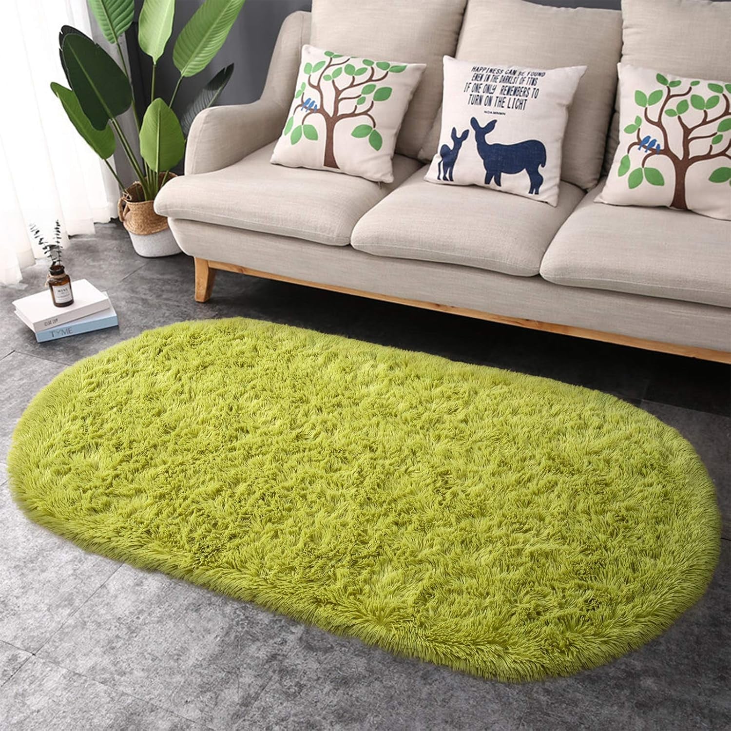 Ultra Soft Washable Shaggy Rug - Non-Slip Oval Carpet for Nursery, Kids Bedroom & Home Decor (2.6X5.3Ft Green) | Plush Fluffy Floor Mat for Cozy Living Spaces