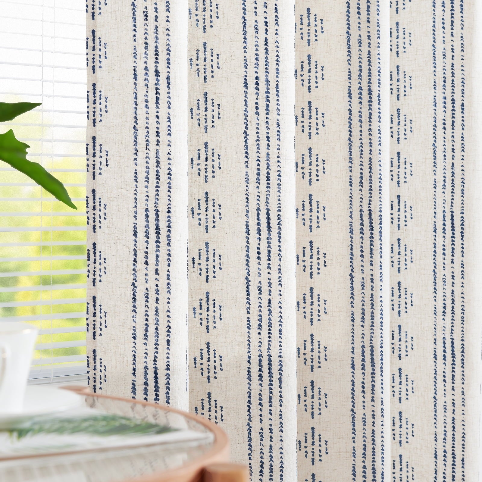 Bedroom Curtains 52X96 Inch Curtains Geometric Striped Blue Curtains in 2 Panels Linen Curtains for Bedroom