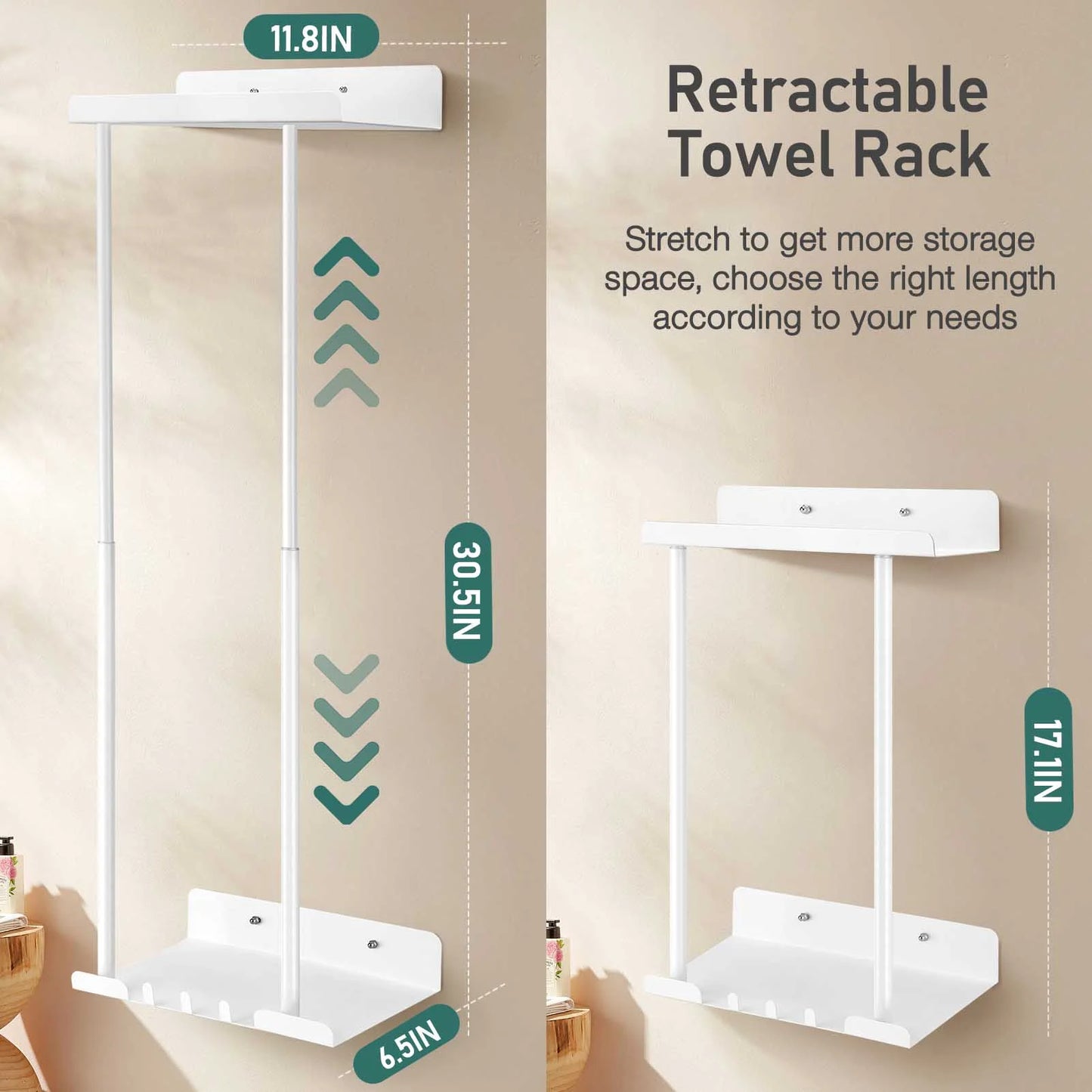 Wall Towel Rack for Rolled Towels, New Upgrade Towel Racks for Bathroom Wall Mounted, Bathroom Bar Towel Storage, Metal Bath Towel Holder for Folded Large Towel Washcloths, White