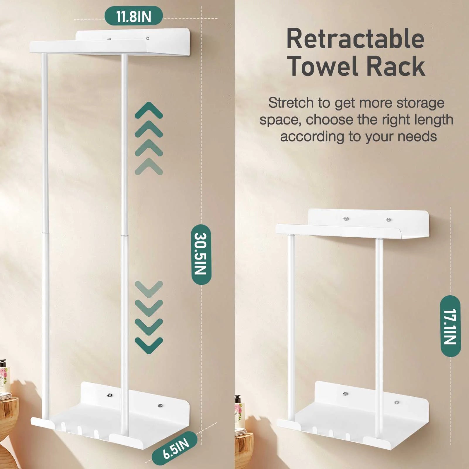 Wall Towel Rack for Rolled Towels, New Upgrade Towel Racks for Bathroom Wall Mounted, Bathroom Bar Towel Storage, Metal Bath Towel Holder for Folded Large Towel Washcloths, White
