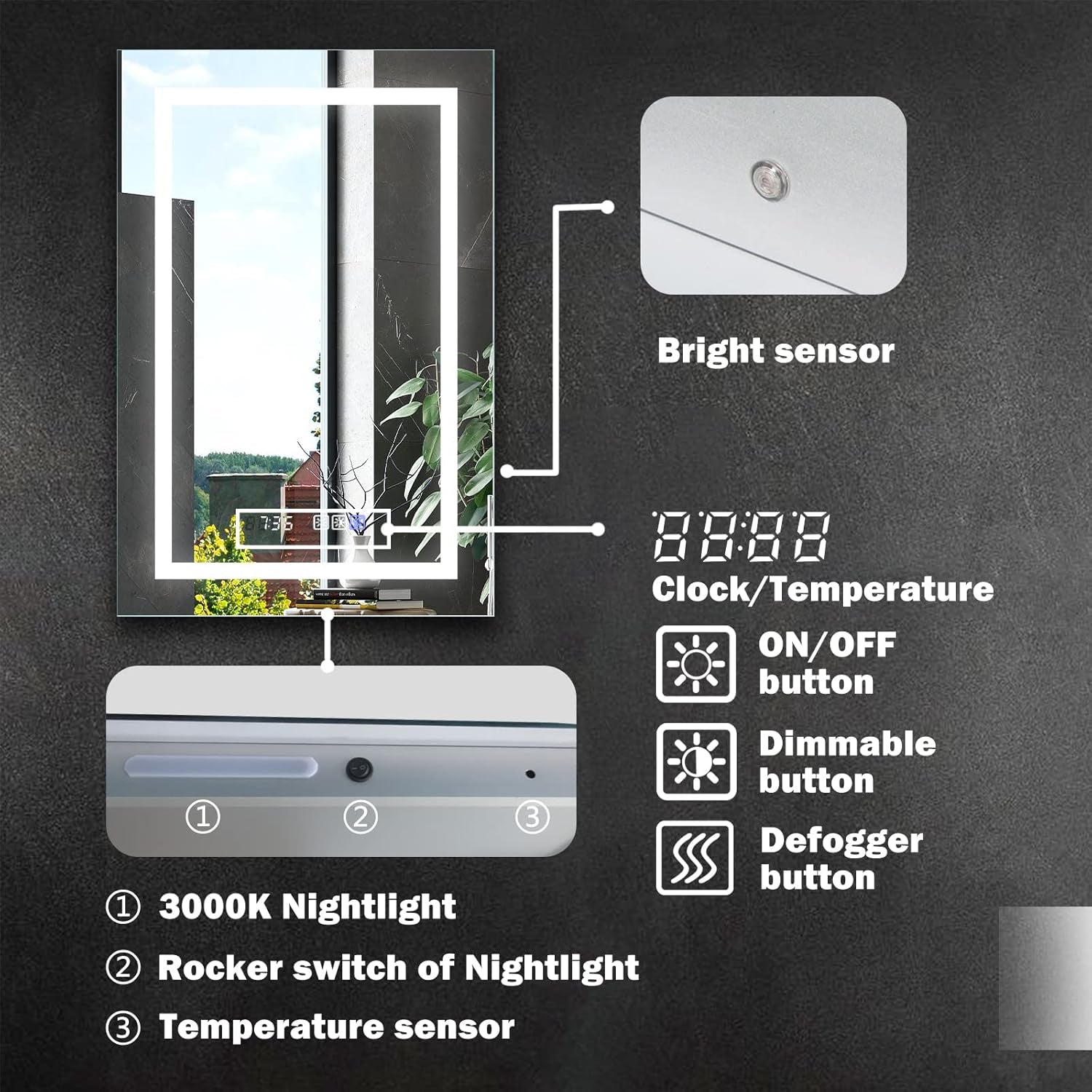 LED Bathroom Vanity Mirror, 32 X 24 Inch, anti Fog, Night Light, Time,Temperature,Dimmable,Color Temper 3000K-6400K,90+ Cri,Vertical Wall Mounted Only (24X36)