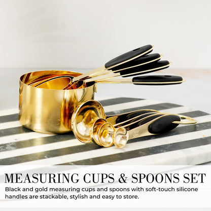 Black and Gold Kitchen Utensils Set - 23 Piece Luxe Black and Gold Kitchen Accessories Include Gold Measuring Cups and Spoons, Silicone Cooking Utensils, and Gold Kitchen Tools