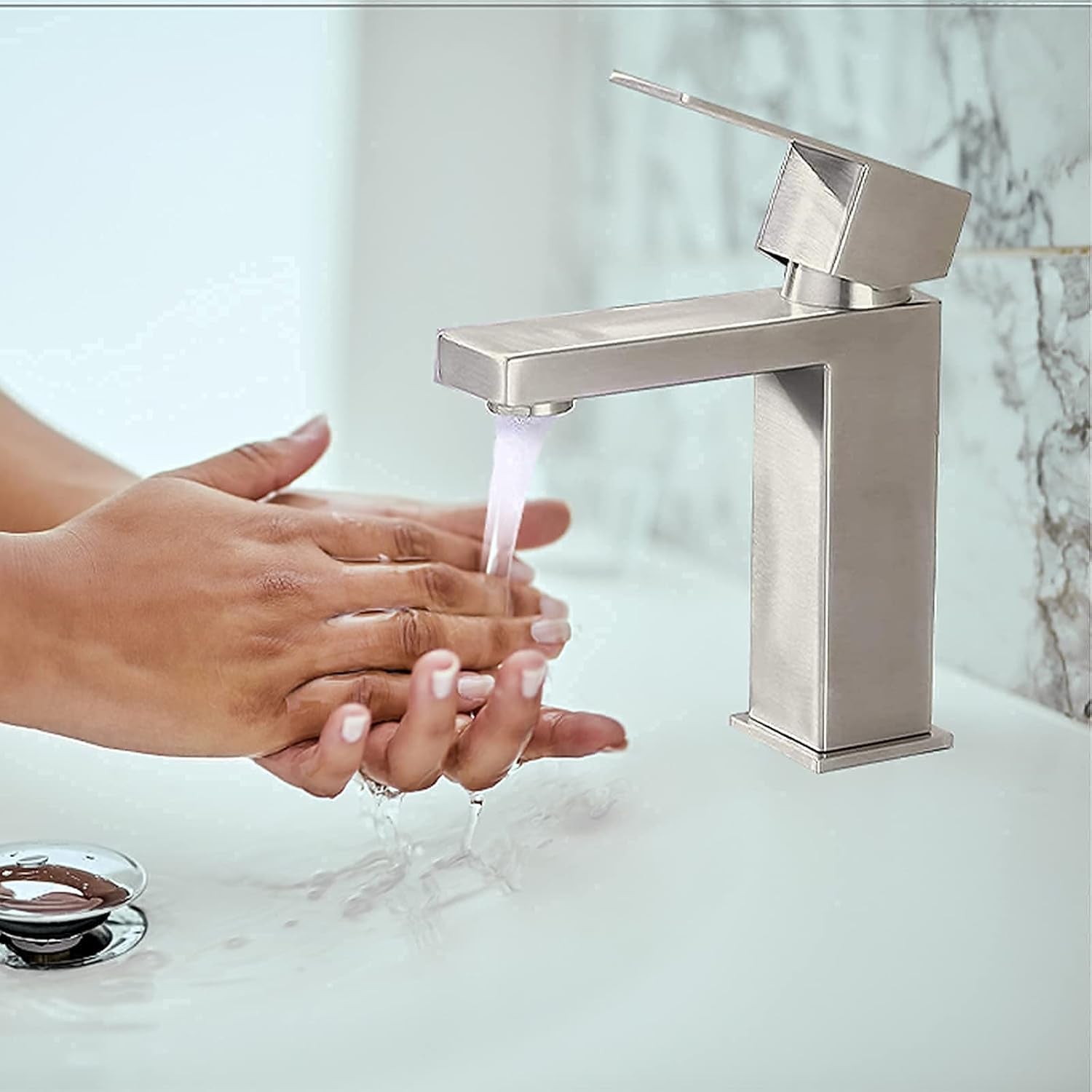 Bathroom Faucet, Modern Bathroom Faucet Brushed Nickel Single Hole Bathroom Sink Faucet, Single Handle Bathroom Faucet with Pop up Drain