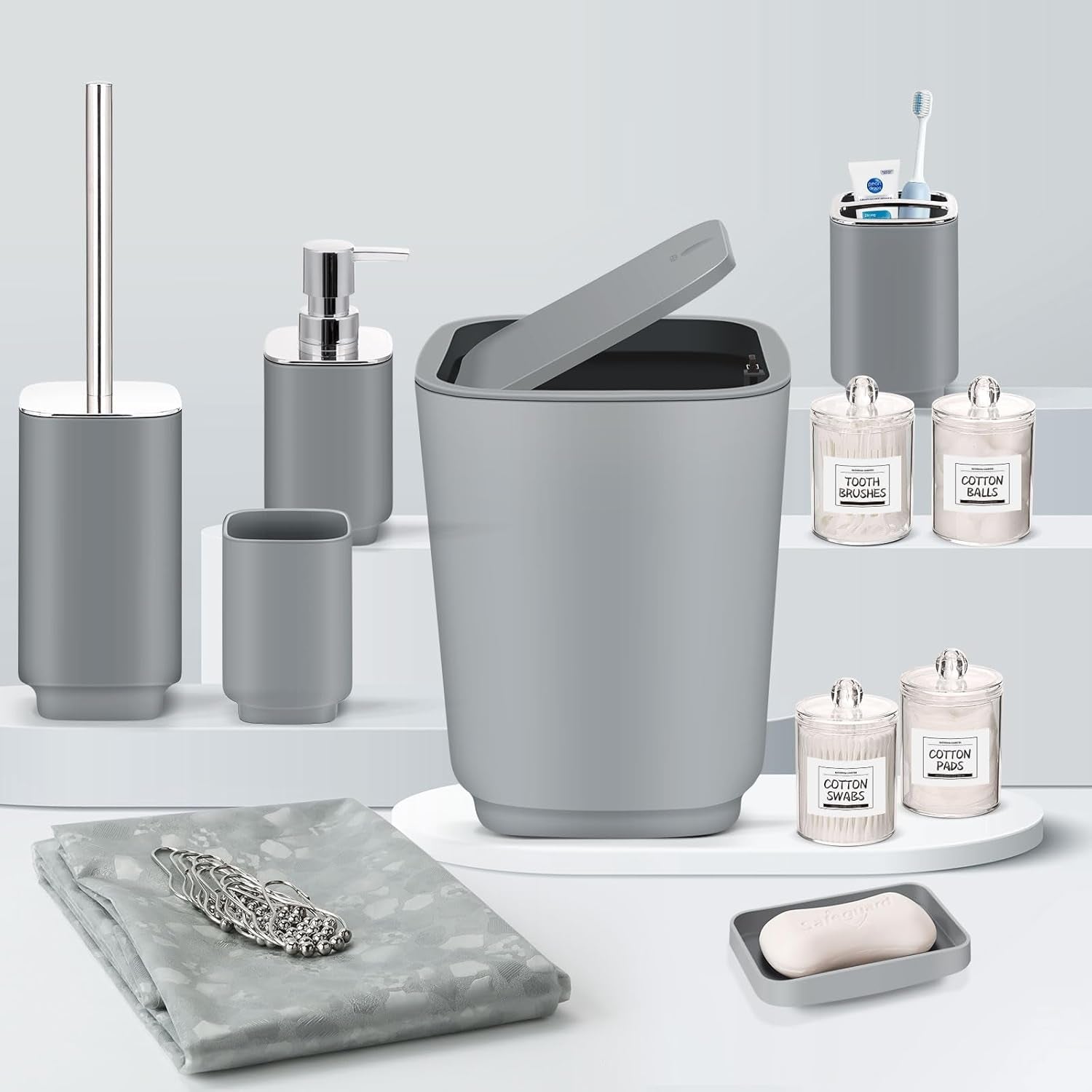 Bathroom Set,22 Piece Bathroom Accessories Set,Grey Shower Curtain,Tray,Soap Dispenser,Toothbrush Holder,Cup,Soap Dish,Toilet Brush,Qtip Holders,Trash Can for Bathroom Décor and Housewarming Gifts