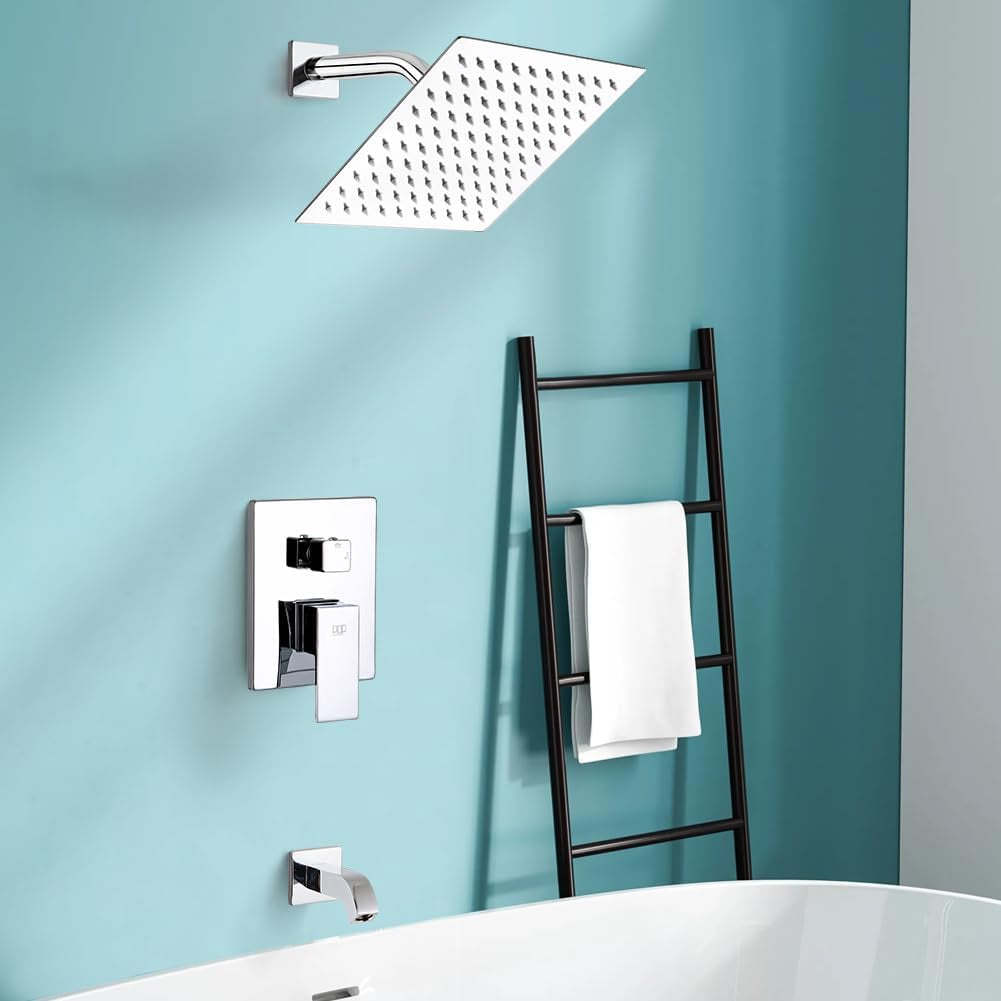 Shower Faucet with Tub Spout Chrome Bathroom Rain Mixer Shower System Wall Mounted Rainfall Shower Head and Handle Set, Tub and Shower Trim Kit with Rough-In Valve